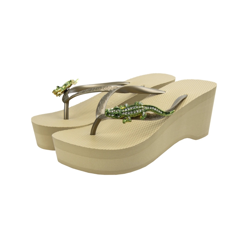 UZURII Flip Flops Zehentrenner Green Crocodile Switch High Heel gold