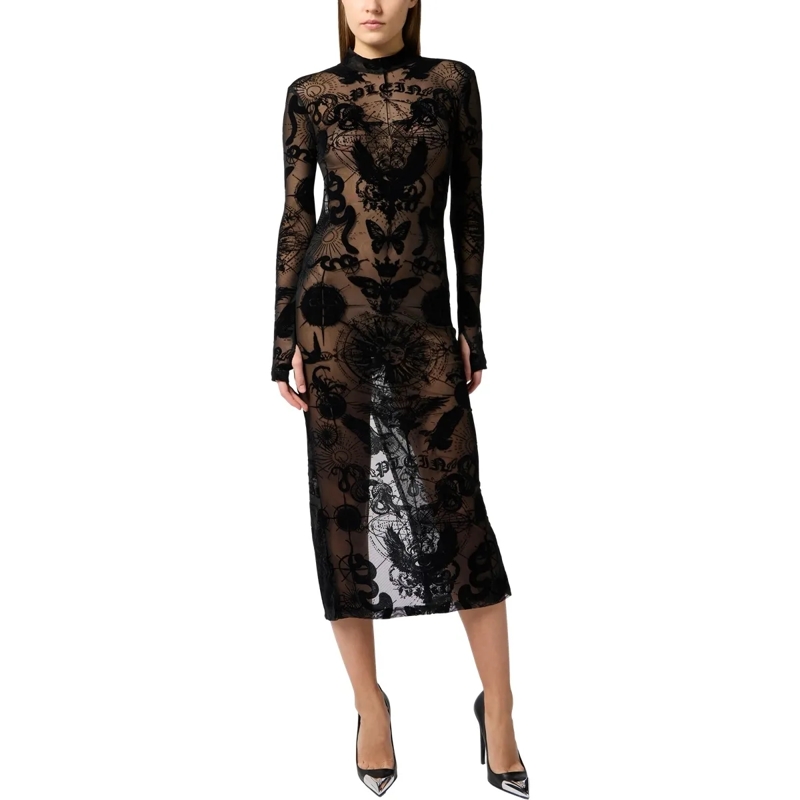 Philipp Plein Maxikleid Open Back Maxi Dress Flock Butterfly Tattoo schwarz(Image 3)
