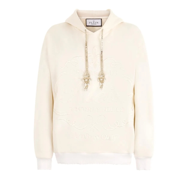 Philipp Plein Sweatshirt Washed Hoodie Tennis Club Crystals weiss