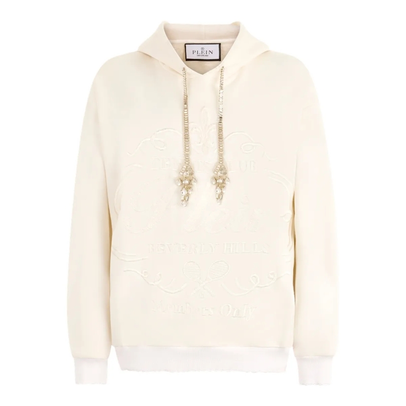 Philipp Plein Top Washed Hoodie Tennis Club Crystals weiss