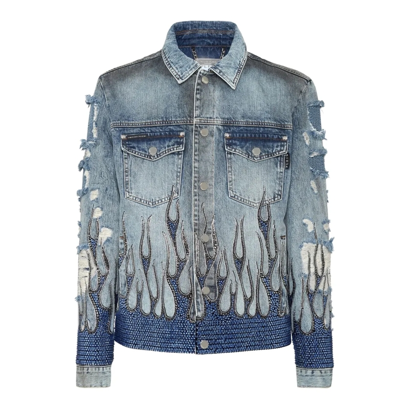 Philipp Plein Jeansjacke Jeansjacke Flame Mit Schmucksteinen grau