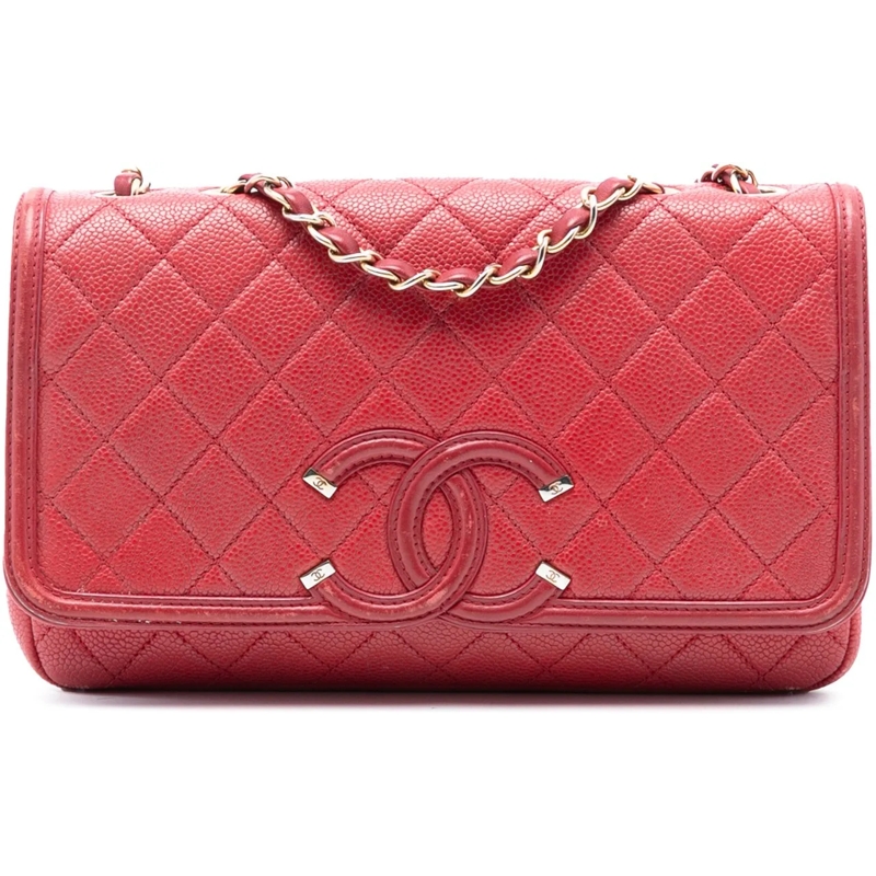 Chanel Schultertasche Medium Quilted Caviar CC Filigree Flap rot