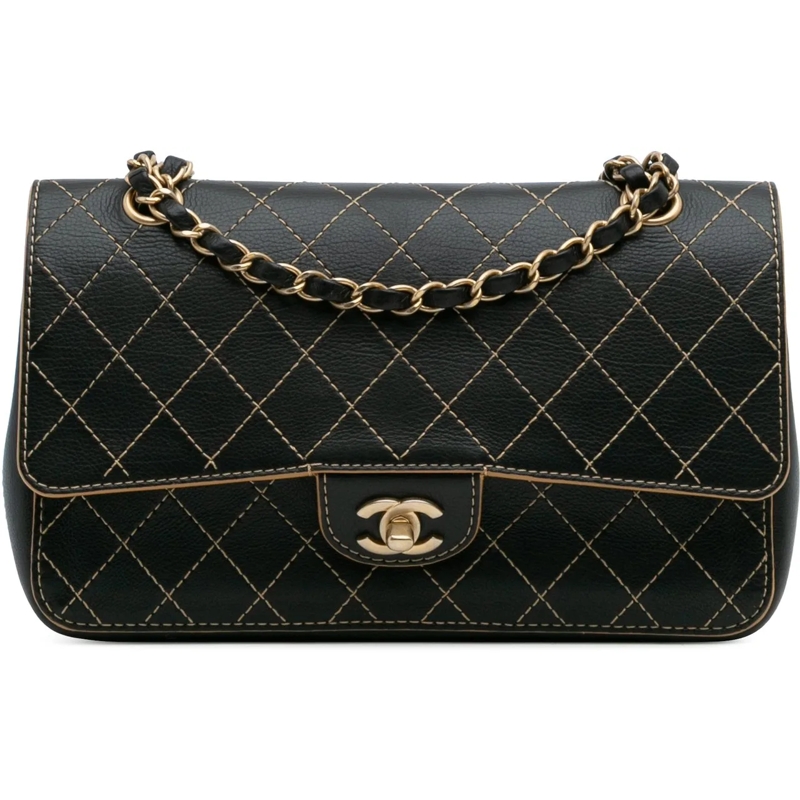 Chanel Sac à bandoulière Medium Classic Calfskin Wild Stitch Double Flap schwarz