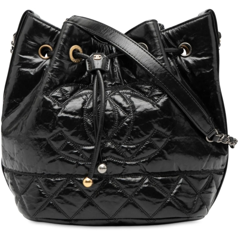 Chanel Schultertasche Shiny Aged Calfskin CC Chain Drawstring Bucket Bag schwarz