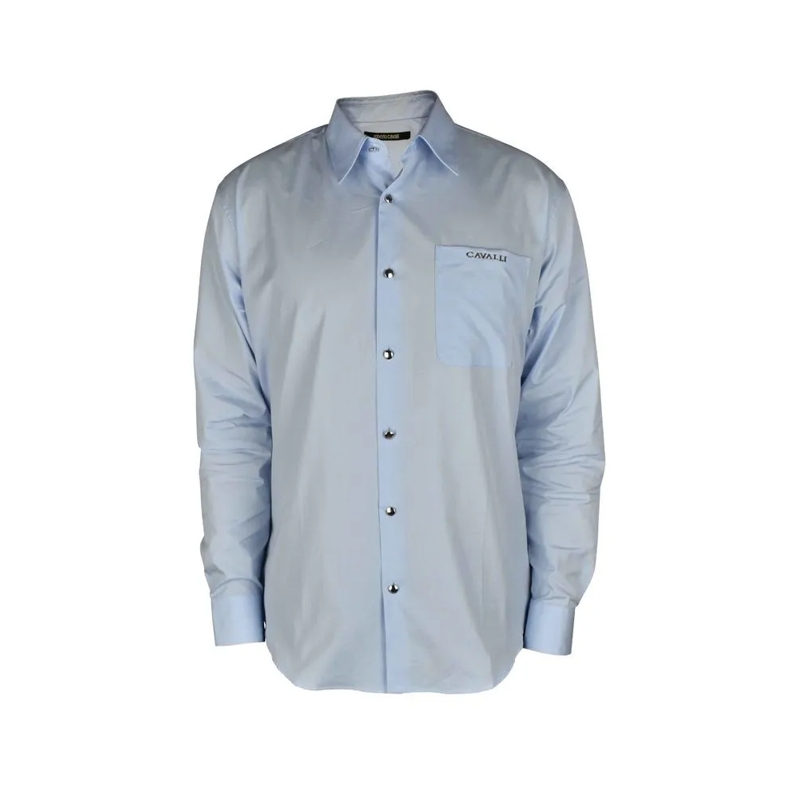Roberto Cavalli Overhemd Light Blue Cotton Shirt With Pointed Collar White