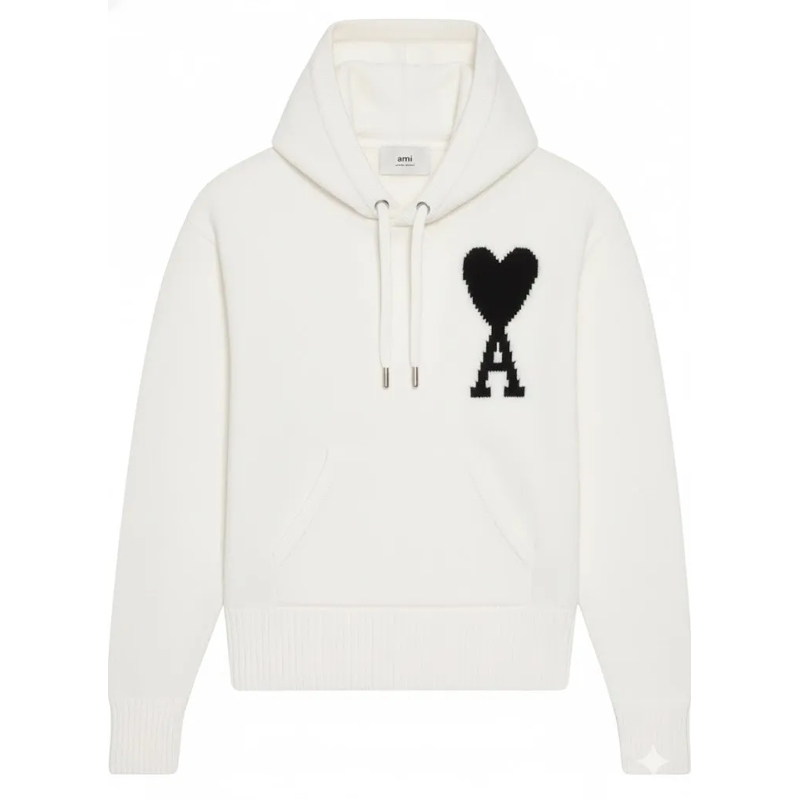 AMI Paris  Wool Knit Hoodie With Signature Heart Logo White