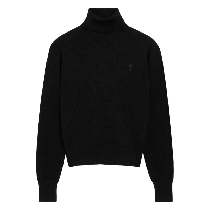 AMI Paris Pull Roll-Neck Merino Wool Sweater Black