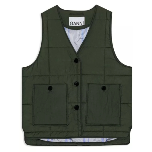 GANNI Button-Up Quilted Gilet Green 