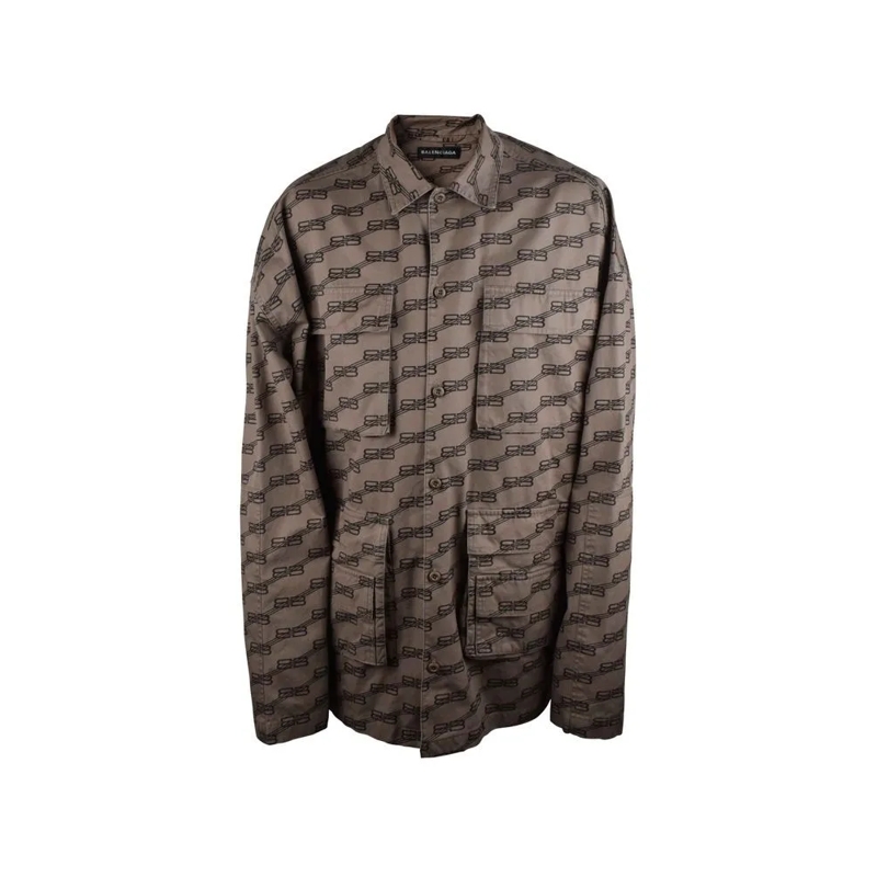 Balenciaga Overhemd Beige Cargo Shirt With Iconic Logo Print Grey