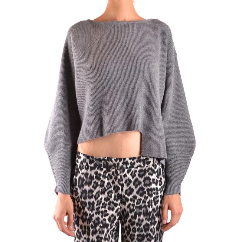 Pinko Pull Boxy Cropped Grey Sweater With Asymmetrical Hem Grey