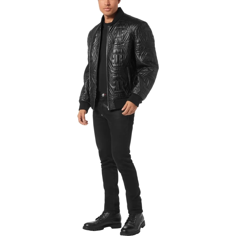 Philipp Plein Lederjacke Leder-Bomber Monogram schwarz(Image 4)