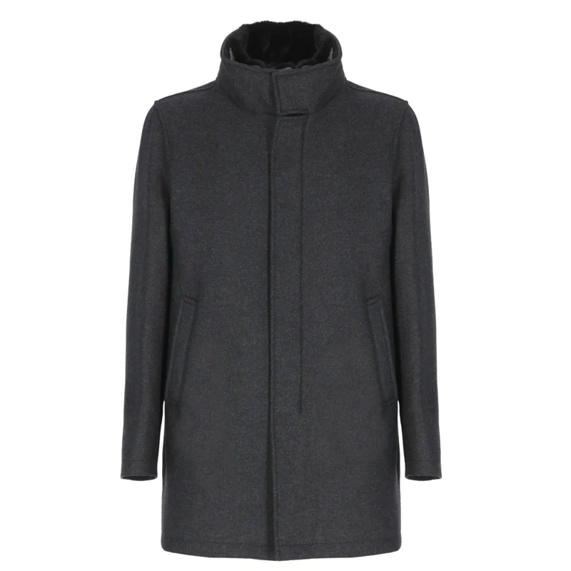 Herno Manteaux de tanche High Neck Grey Wool Coat With Zip And Button Faste Grey