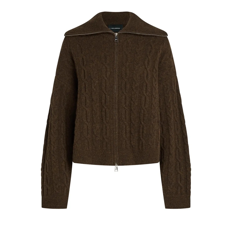 Karl Lagerfeld Gestricktes Oberteil Strickpullover mit Zopfmuster und Reißverschluss braun