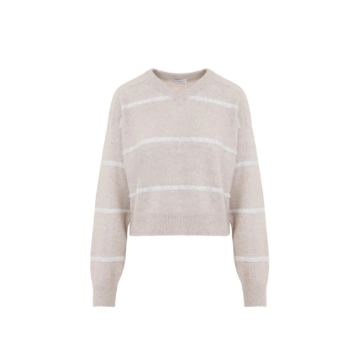 Brunello Cucinelli Pullover Horizontal Paillettes Stripe Beige Alpaca Sweater Neutrals