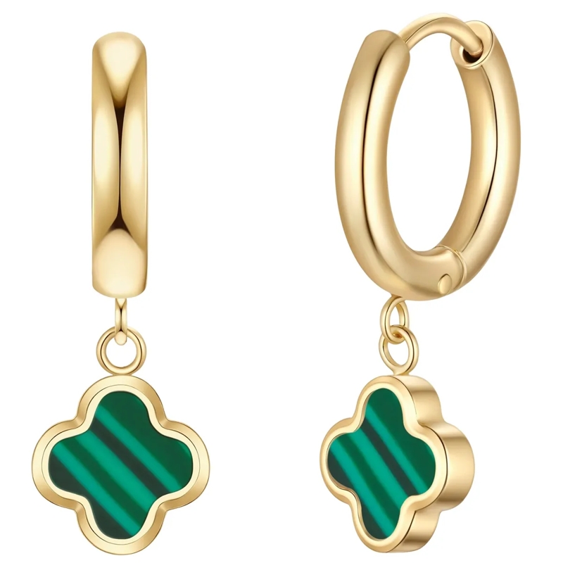 Glanzstücke München Ohrhänger Edelstahl Creolen Malachit (synth.) Kleeblatt gold