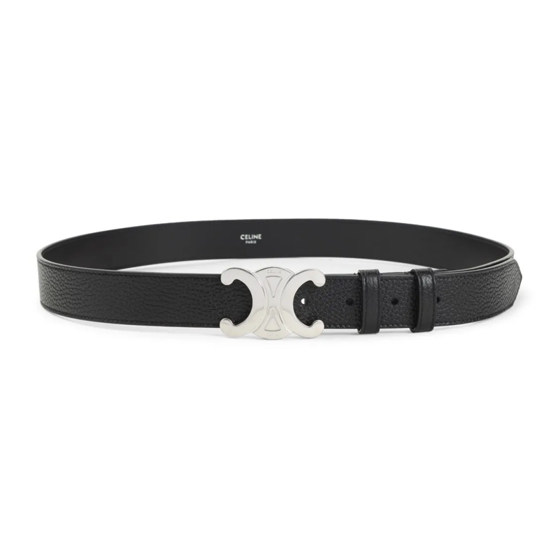 Celine Riem Textured Calf Leather Belt With Distinctive Silver Black
