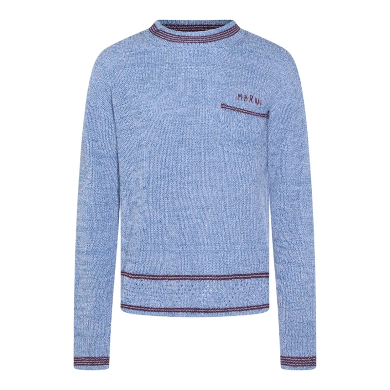 Marni Pullover Textured Knit Sweater With Contrasting Trim And Ch Blue