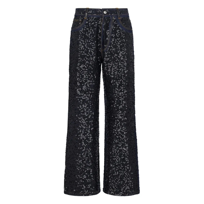 P.A.R.O.S.H. Jeans "Guff" Sequin Straight Jeans In Black Stretch Deni Black