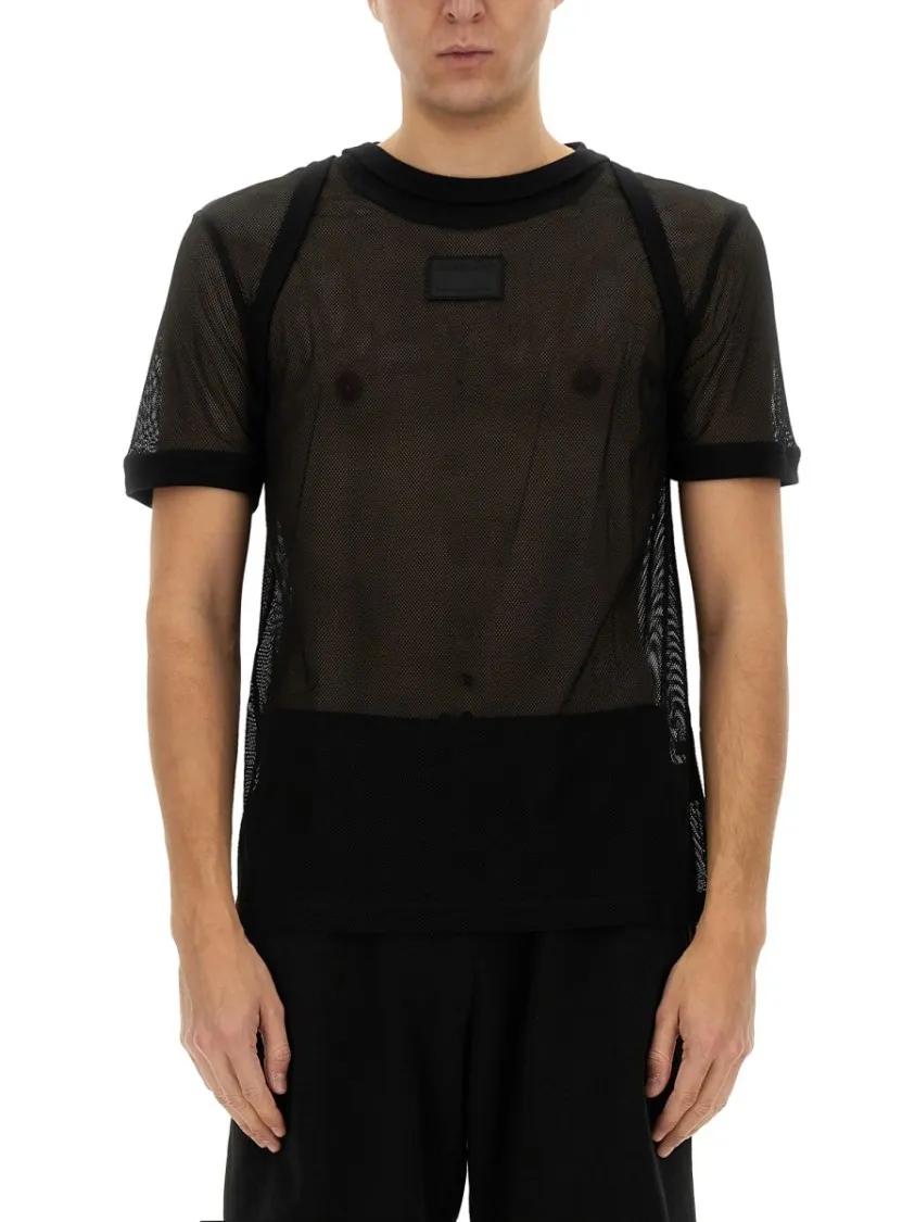 Thumbnail - Helmut Lang - Semi-Transparent Mesh T-Shirt With Graphic Print - Größe L - schwarz