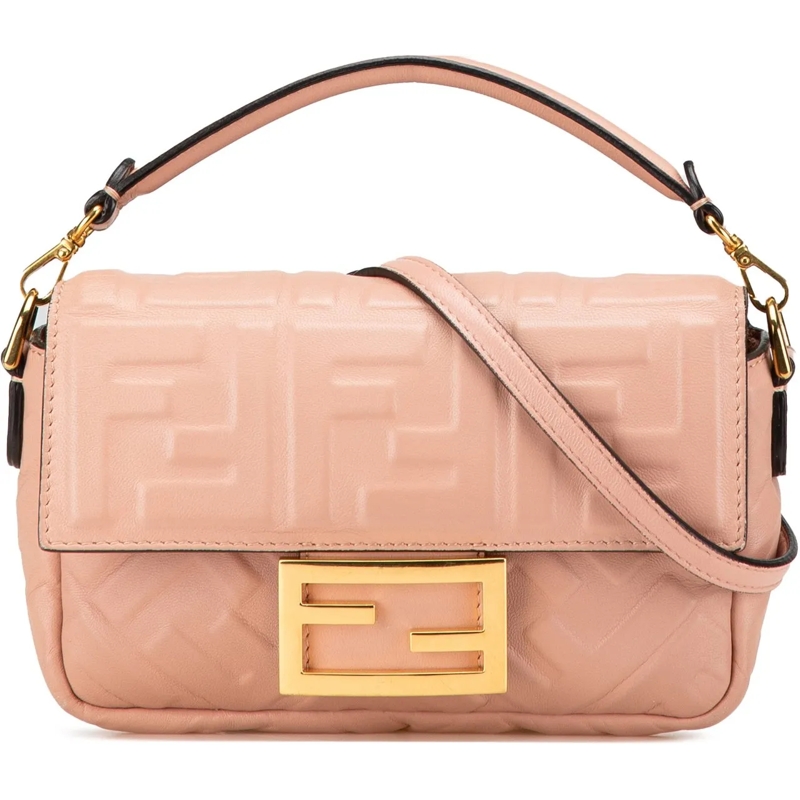 Fendi Schultertasche Mini Zucca Embossed Leather Baguette Satchel rose