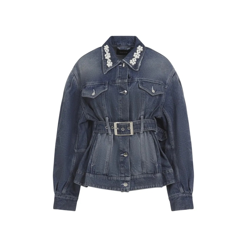 Simone Rocha Veste en jean Dark Denim Jacket With Belted Waist And Pearl Embe Blue