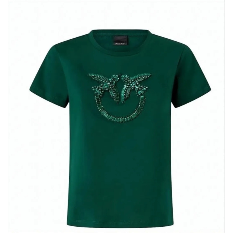 Pinko T-Shirt Crewneck T-Shirt With Hand-Embroidered Love Birds  Black