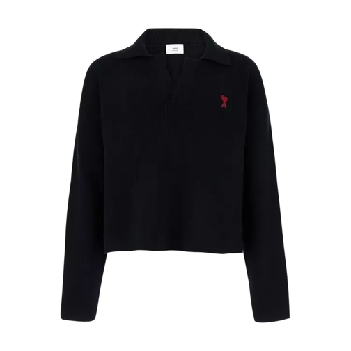 AMI Paris Black Polo Sweater With Embroidered Logo Black 