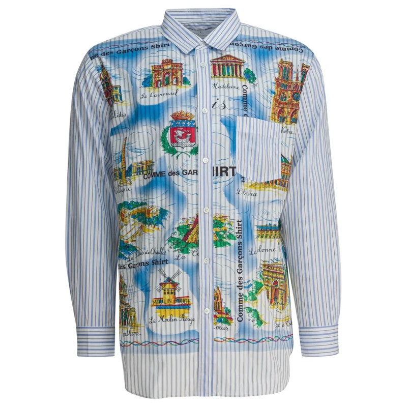 Comme des Garcons Chemise Light Blue Striped Shirt With Paris Landmark Print White