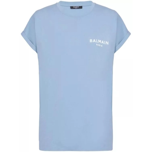 Balmain Sky Blue Logo-Flocked Cotton T-Shirt Blue 