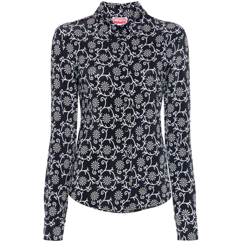 Kenzo Hemd Midnight Blue Floral Print Stretch-Jersey Top Grey