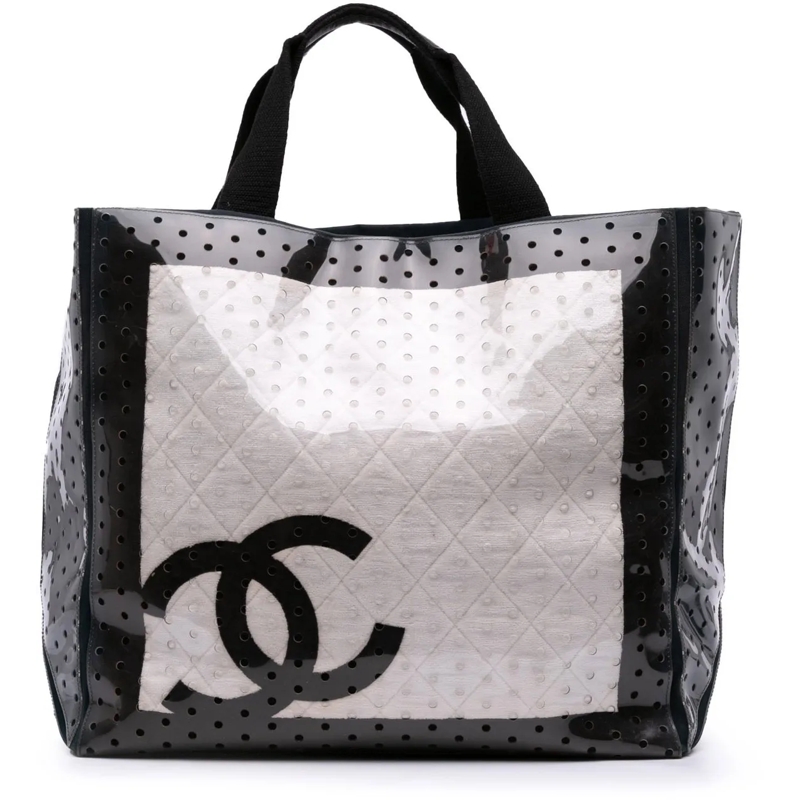 Chanel Shopper CC Quilted Cotton and PVC Punching Tote weiß
