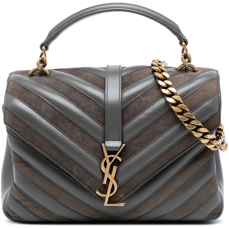 Saint Laurent Schultertasche Medium Calfskin and Suede Chevron Monogram College grau