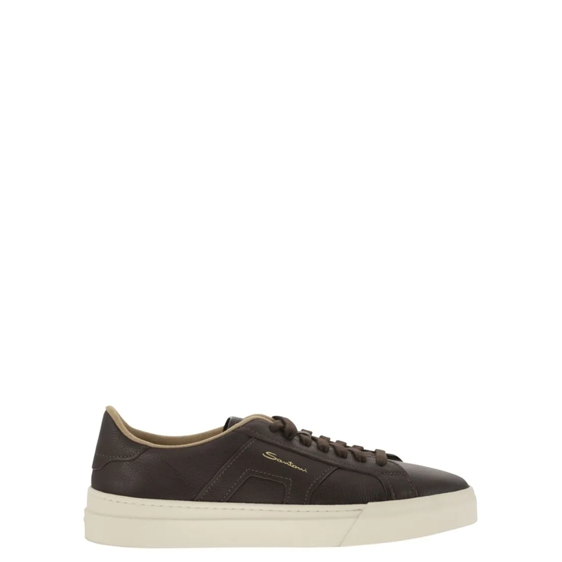 Santoni Sneaker basse Tumbled Leather Double Buckle Trainer Brown