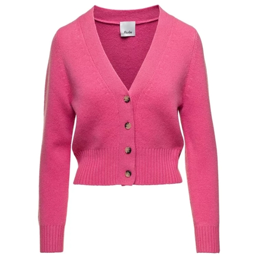 Allude Pink V Neck Cardigan With Ribbed Trim In Stretch C Pink 