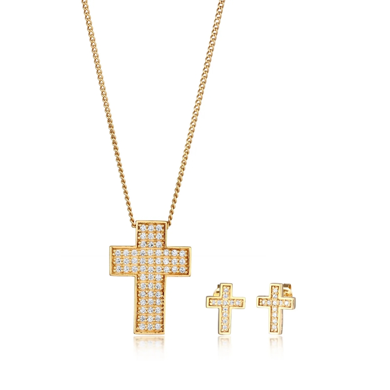 Elli Mittellange Halskette Schmuckset Kette Ohrringe Kreuz Zirkonia Weiß 925  gold