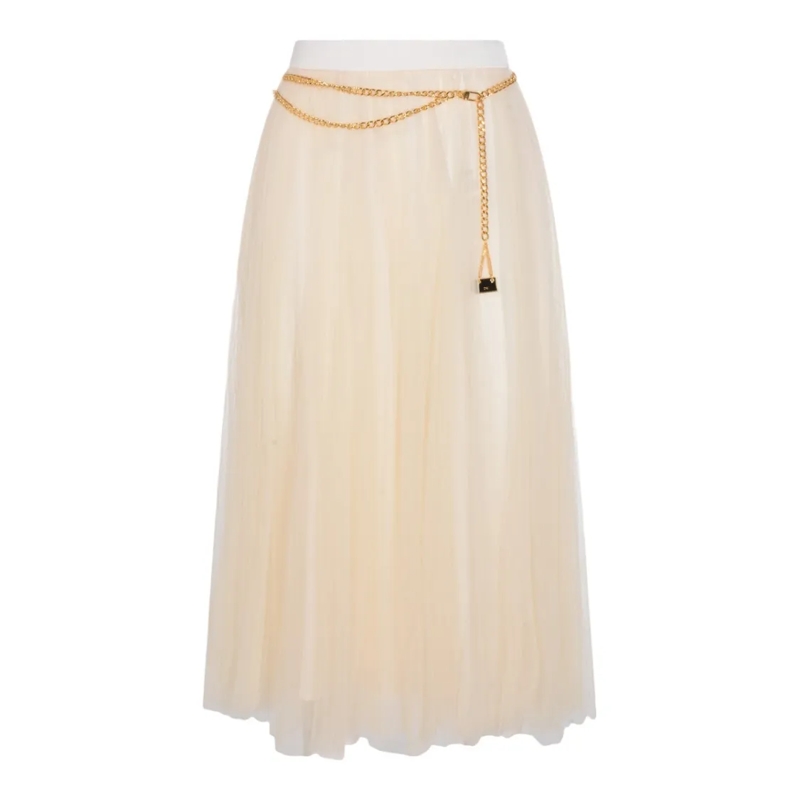 Elisabetta Franchi Midirok Flowing Tulle Skirt With Gold Chain Belt Neutrals