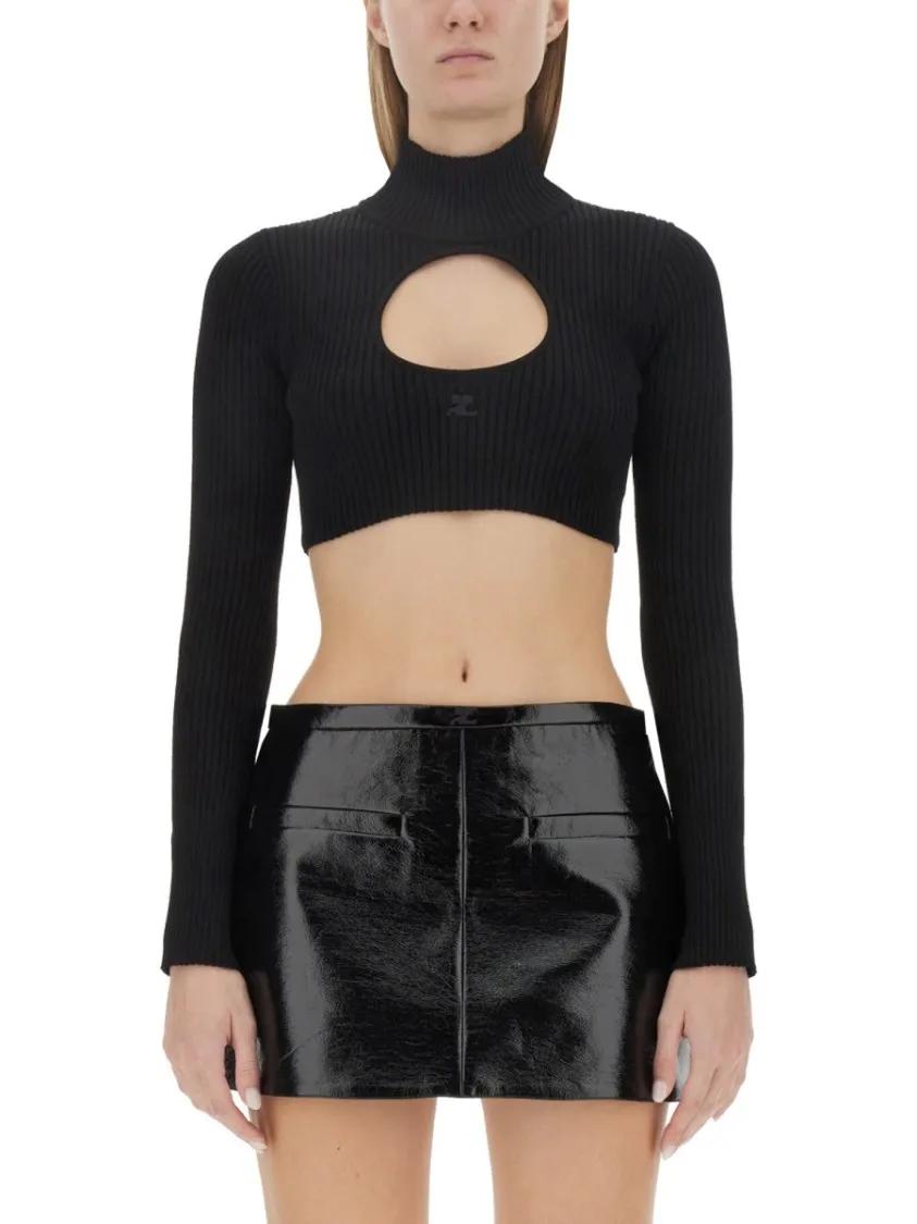 Thumbnail - Courrèges - Ribbed Black Cropped Shirt - Größe M - schwarz