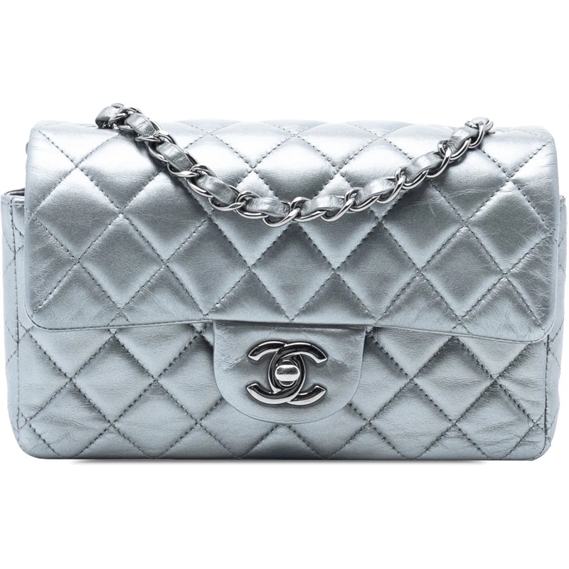 Chanel Schultertasche Small Quilted Metallic Lambskin Single Flap silber