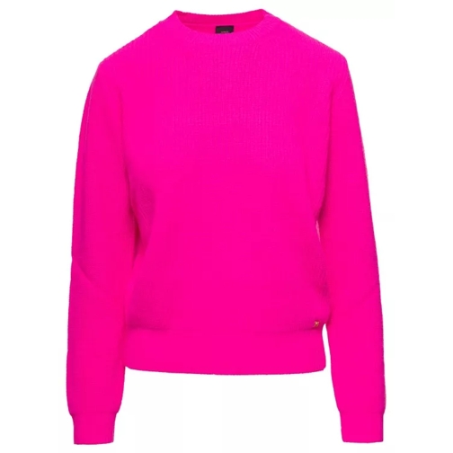 Pinko Fuchsia Crewneck Sweater With Logo Patch In Ribbed Pink 