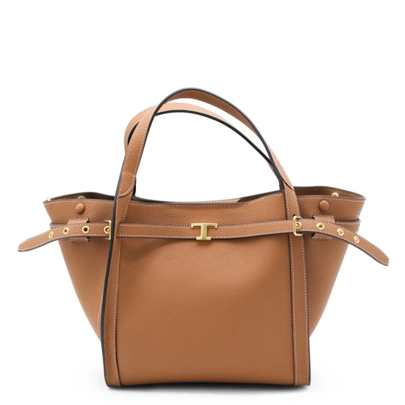 Tod's Tote Structured Brown Leather Tote With Gold Hardware Brown