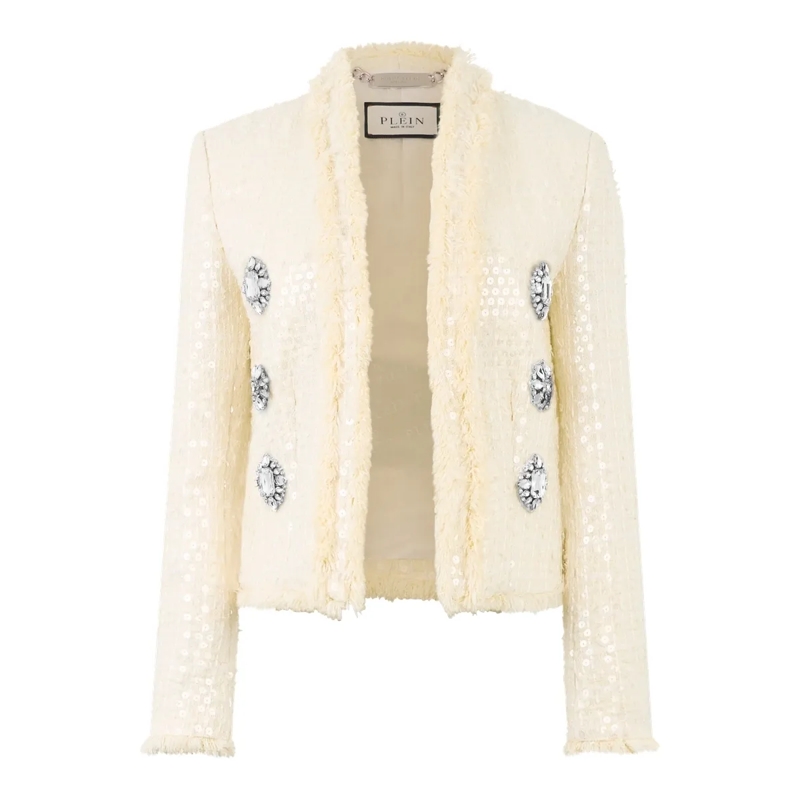 Philipp Plein Blazer Tweed Bolero Paillettes weiss