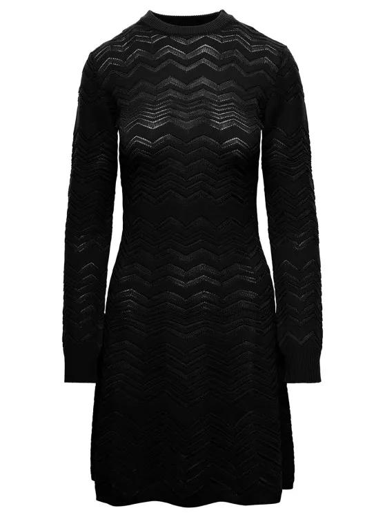 Missoni Wool Viscose Solid Colored Chevron Mini Dress Black