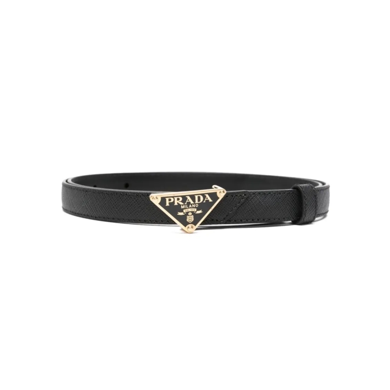 Prada Riem Textured Leather Belt With Triangular Metal Buckle Black