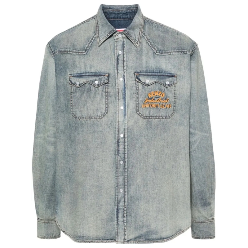 Kenzo Hemd Stonewashed Blue Denim Casual Shirt Grey