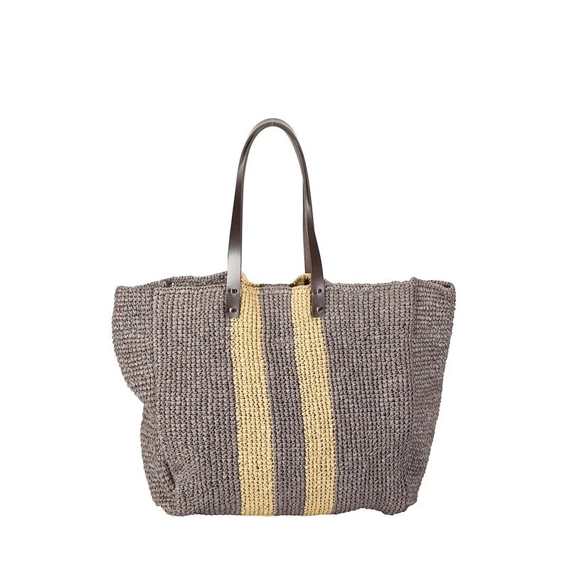 P.A.R.O.S.H. Fourre-tout Natural Raffia Bag With Leather Handles Grey