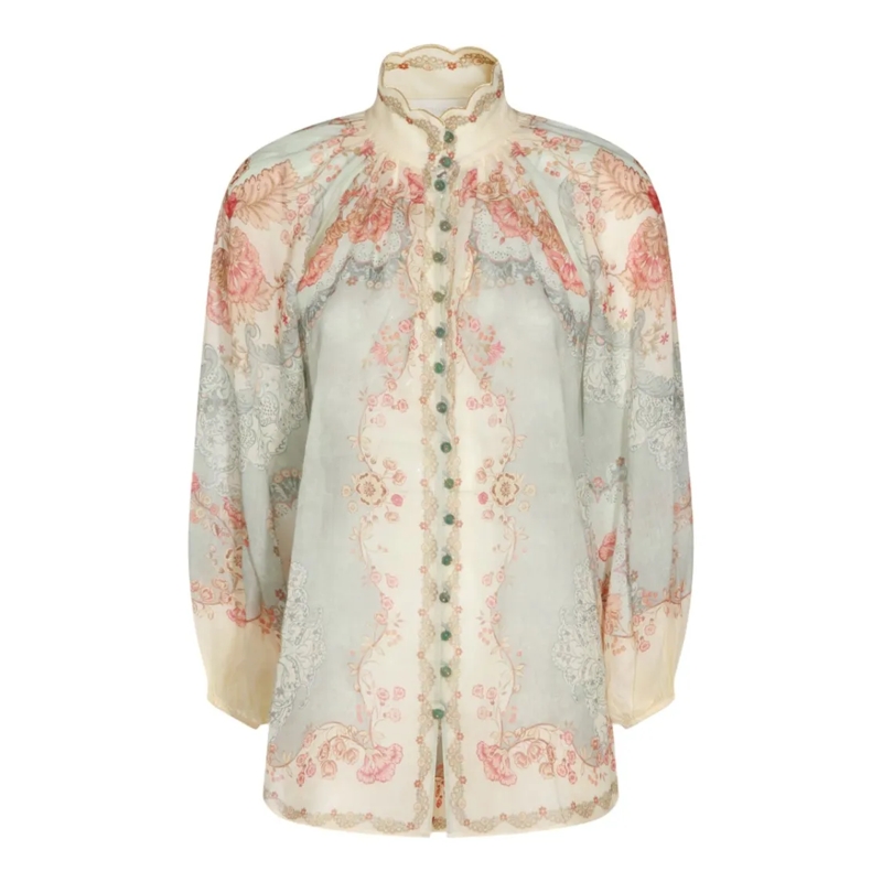Zimmermann Hemd Pastel Floral Print Shirt With Scalloped Collar Grey