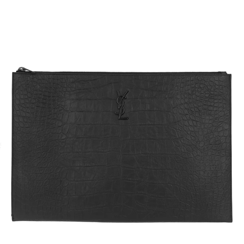 Saint Laurent Zipped Document Holder Croc Embossed Noir Briefcase