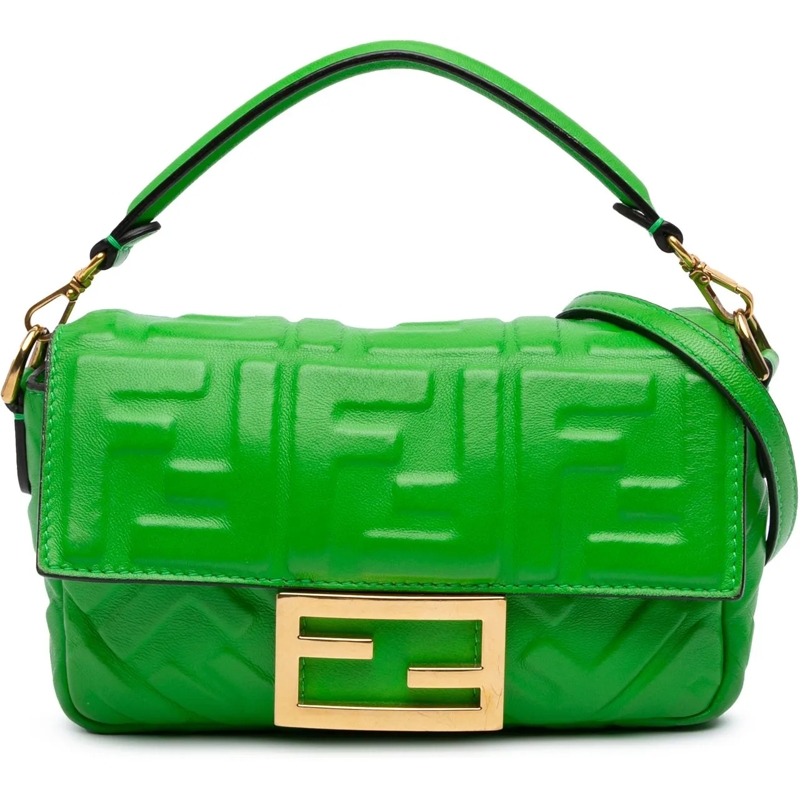Fendi Schultertasche Mini Zucca Embossed Leather Baguette Satchel grün