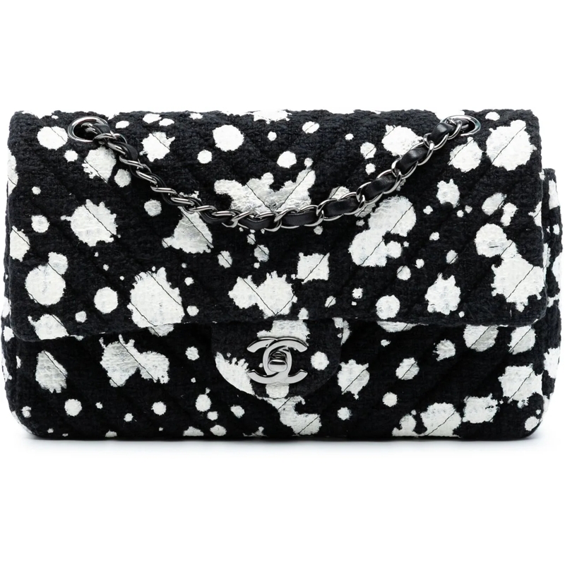 Chanel Sac à bandoulière Medium Chevron Tweed Paint Splatter Double Flap schwarz