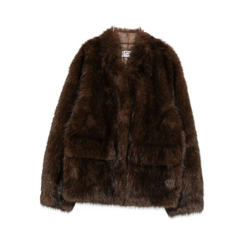 Betta Corradi  Boxy Faux Fur Brown Coat Black